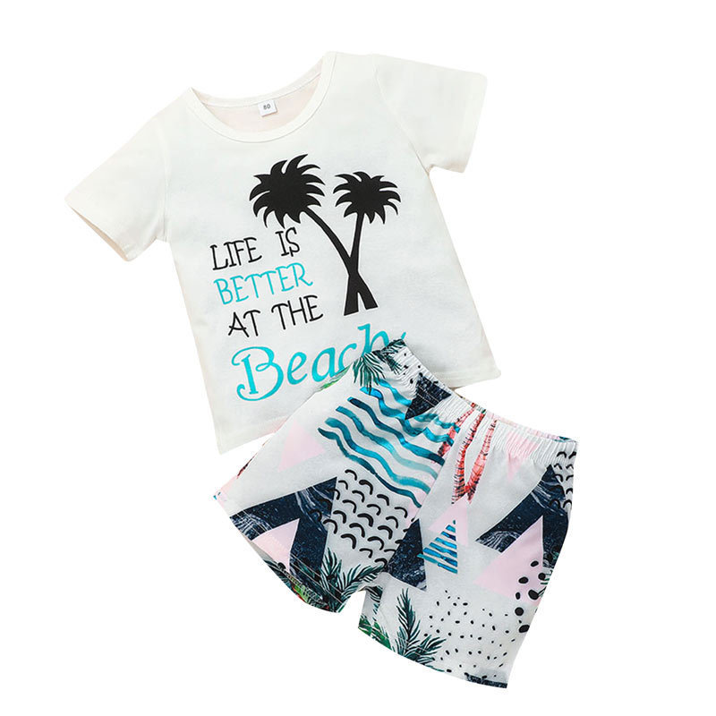 Conyson low price fashion summer toddler print sunshine cotton clothes infant kid short suit two pieces boy t-shirt clothing Set
