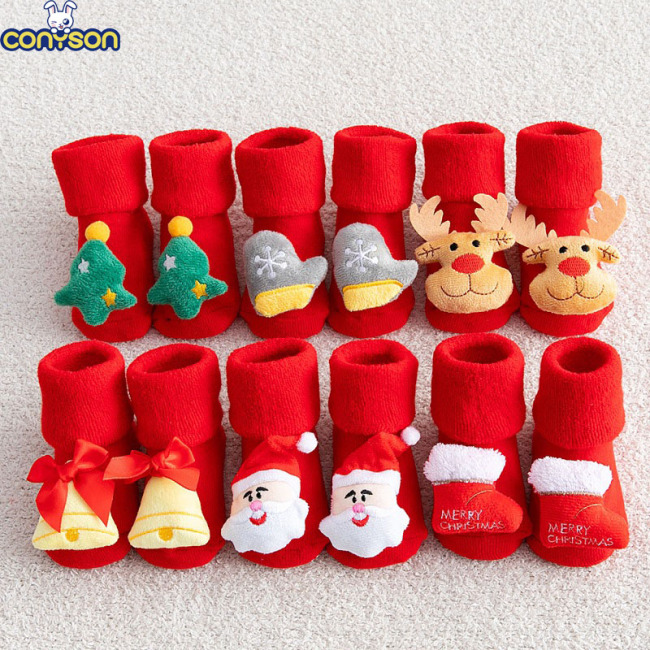 Conyson 2021 winter New fashion Christmas kids cute sets cotton thicken antislip popular toddler kids unisex red room socks