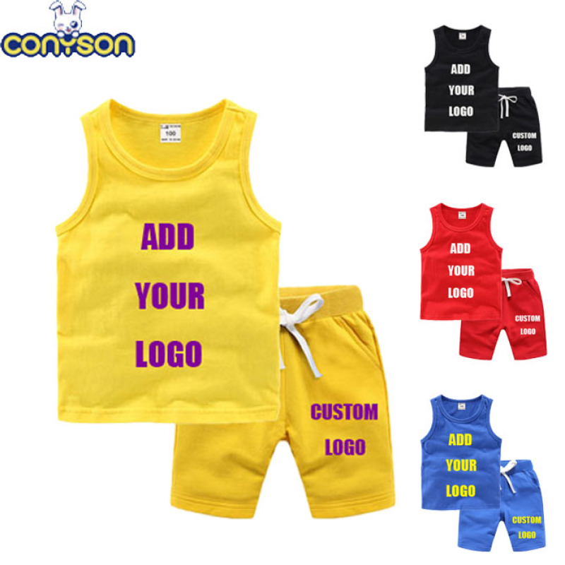 Conyson Summer Solid Color Cotton Shorts T Shirt Kids apparel Custom logo Baby Boys Clothing Sets 2 To 12 Years Old Clothes Sets