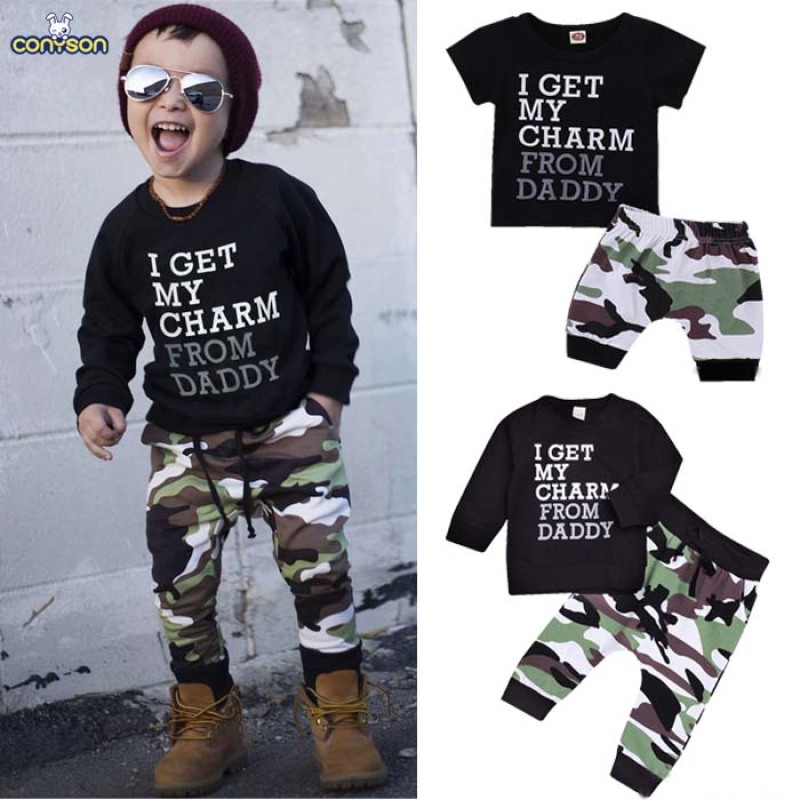 Conyson Casual Long Sleeve Top Army Trousers Outdoor Outfits Black Letter T-shirt Camouflage Short Pants Baby Boy Suit 2Pcs Sets