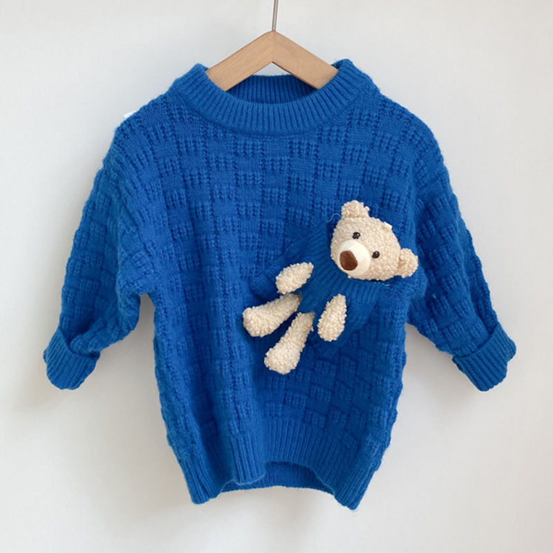 Spring Cute Bear Pocket Toddler Girls Pullover Sweater Solid Color Custom Kids Knit Sweaters Kids Wholesale Sweater