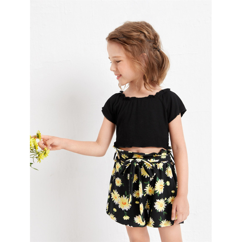 Conyson Hot Sale European and American Kids Clothes Outfit Suit Black Stripe Tops+Flower Belt Bow Shorts Kid Girls Clothing Sets
