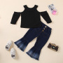 Hot Selling Knitted Children's Wear Suit Girls' Autumn Clothing Set Solid Color Round Neck Strapless Top Denim Set