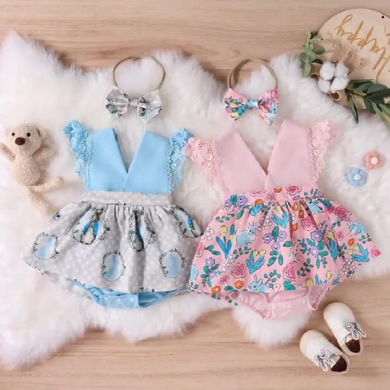Conyson Wholesale Kids Clothes Baby Summer Short Sleeve Easter Gift Bunny Rabbit Print Purple Lace Princess Romper Headband Set