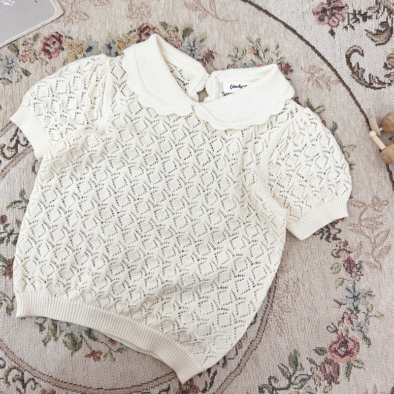 Conyson Custom Wholesale Pullover Lotus Collar Hollow Out Crochet Thin Cute Shorts Sleeve Organic Cotton Toddler Girls Shirts