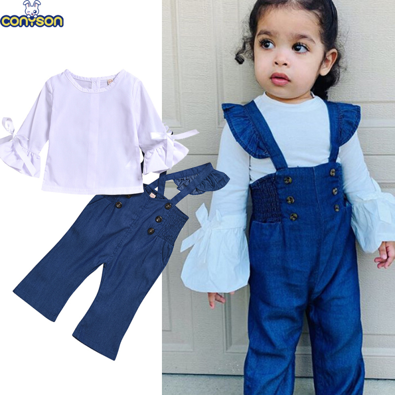 Conyson Hot New Children Clothing Sets Summer Girls Princess Causal Long Sleeve T-shirt+Strap Pants 2Pcs Kids Girls Clothes Sets