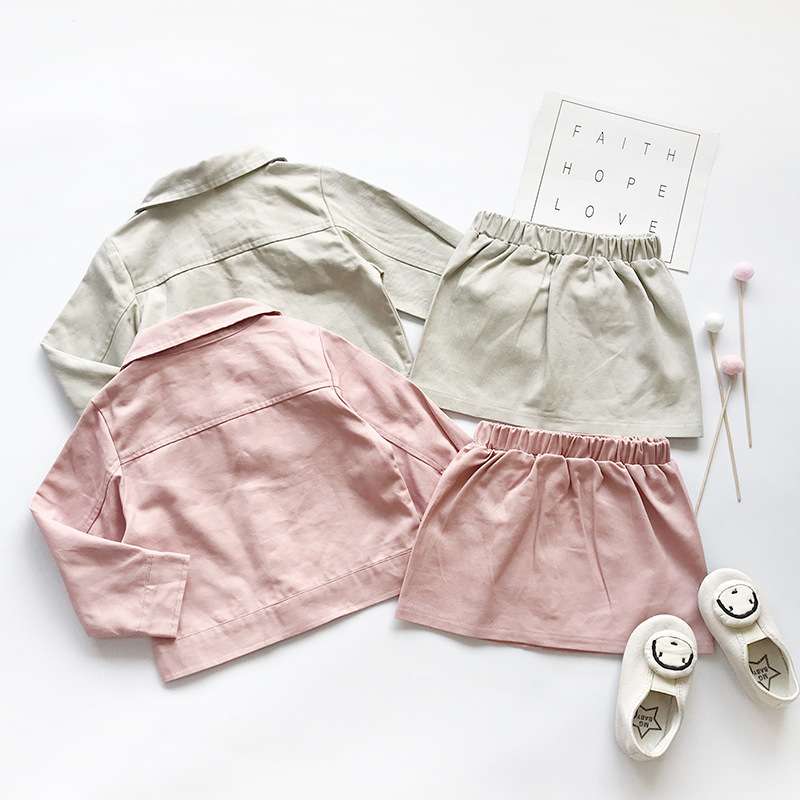 Girl Suit Pink Pocket Buttoned Jacket +Matching Skirt 2 Piece Cotton Baby Girls Boutique Clothing Set