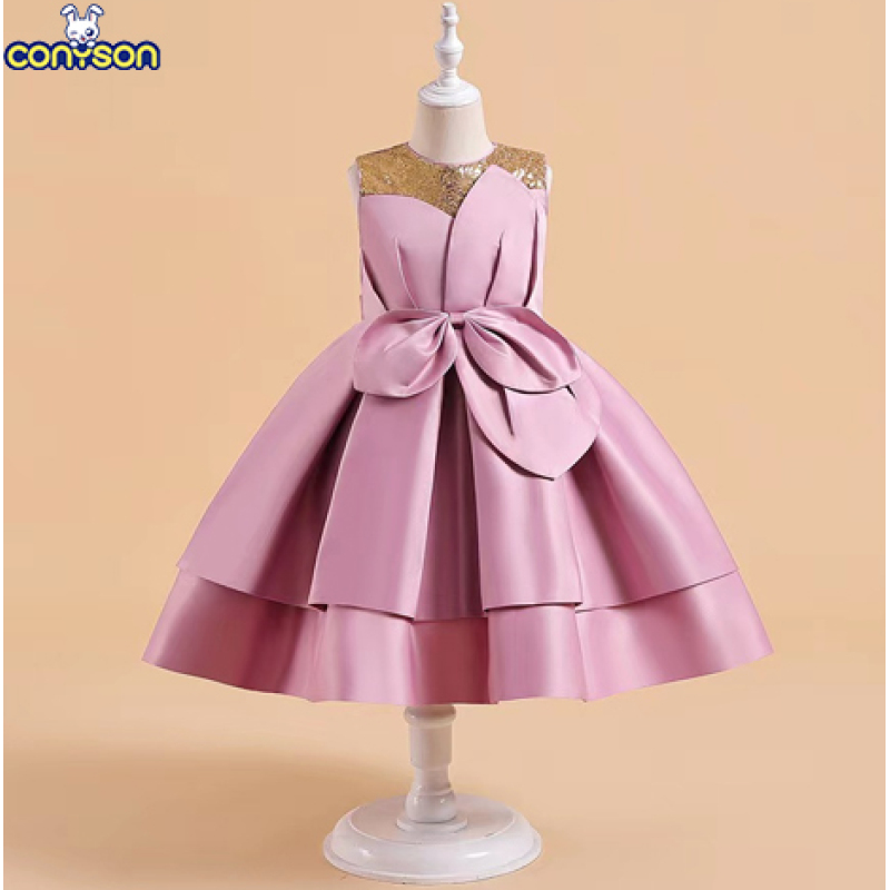 Conyson New Style Summer Princess Dress Kid Festival Wedding Gown Sleeveless Party Slik Sequin With Big Bow Tutu Girls Dresses