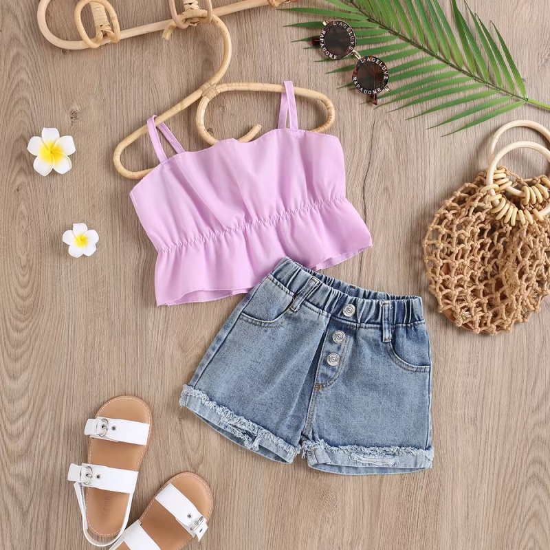 Conyson New Summer Girl's Jacquard Short Sleeve Shirts + Jean Shorts 2Pcs Princess Baby Girl Clothes Sets