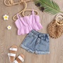Conyson New Summer Girl's Jacquard Short Sleeve Shirts + Jean Shorts 2Pcs Princess Baby Girl Clothes Sets