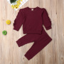 Custom Logo Girl Clothing Solid Colors Ruffles Pleated Long Sleeve Tops Pants Two Piece Outfits Cute Pajamas Sleepwear Sets