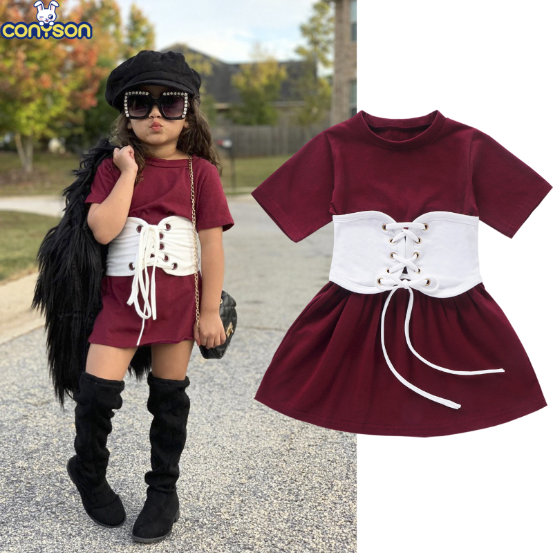 Conyson Hot Sale Cute Kids Baby Girls Dress+Belt 2Pcs Long Short Sleeve Letter A-Line Dress+Plaid Belt Vest Outfits Set