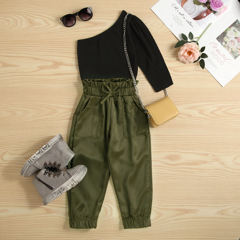 Conyson 2pcs Fashion Autumn Kids Girls Clothes Sets Long Sleeve One Shoulder Solid Tops Elastic Pants Outfits Kids Clothing
