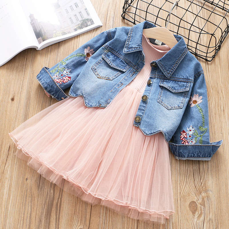 Casual Custom Jeans For Girls Children Clothes Girl long sleeve Kids Flowers Dress Kids Wear Girls Dresses