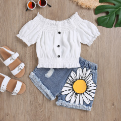 Conyson Wholesale Hot Sale Summer Newborn Fashion Children's Set 2-7Y High Elastic flower denim Shorts Girl 2 Pieces Shorts Set