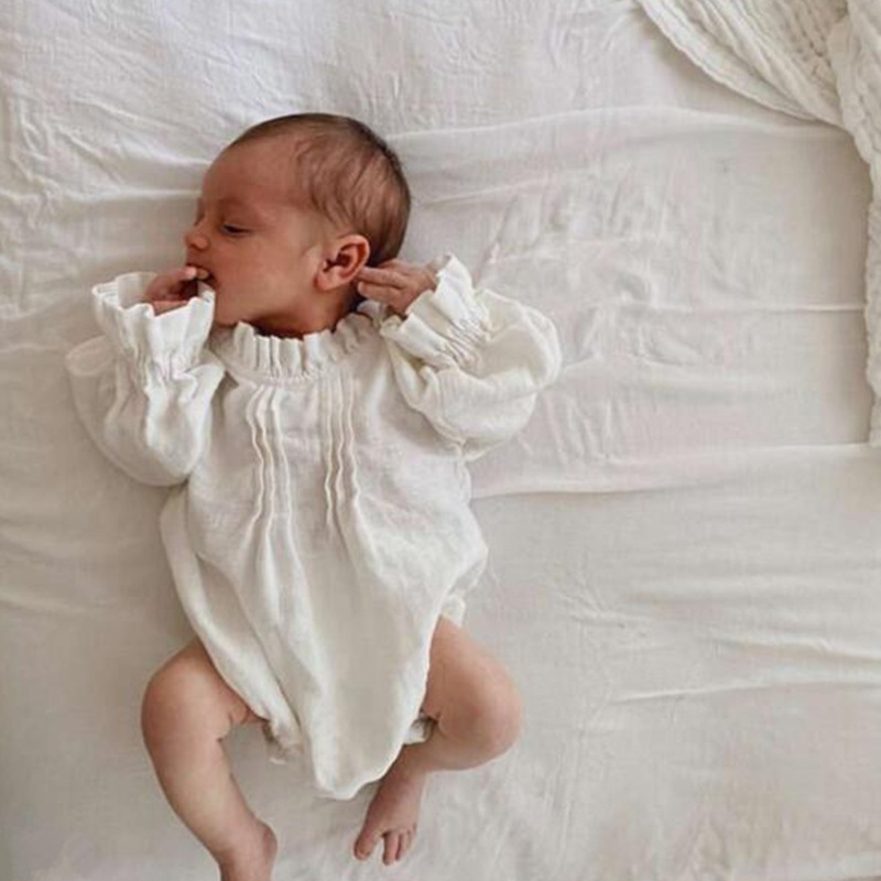Conyson Wholesale New Kids Baby Clothes Spring Summer Long Sleeve One-piece Solid Linen Baby Girls Jumpsuit Colorful Rompers
