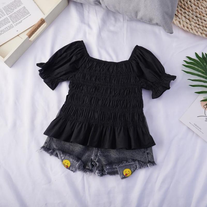Conyson boutique Children's Kids Korean Fashion square Neck pure color Girl T-shirt fold Summer kids Girls clothing Tops T-shirt