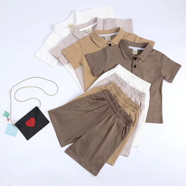 Conyson Hot Sale Custom Logo Short Sleeve Solid Cotton boutique Polo Shirt 2pcs Suits Kids Boys Short Clothing Tracksuits