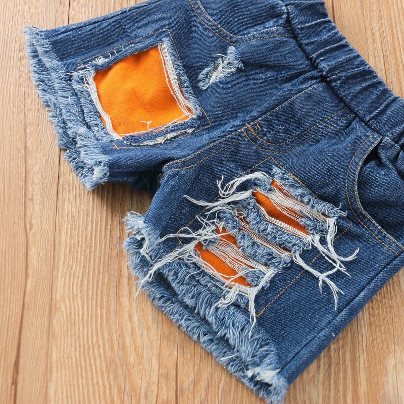 Custom Summer Off Shoulder Top Ripped Holes Denim Shorts Children Toddler Outfits Ruffle Pant Kids Baby Girls Clothing Sets