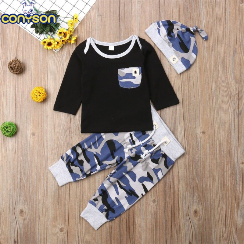 Conyson infant suits Toddler Boy 3 Pieces baby children long sleeve tops camouflage color kids Pants wear Fashion clothing Sets