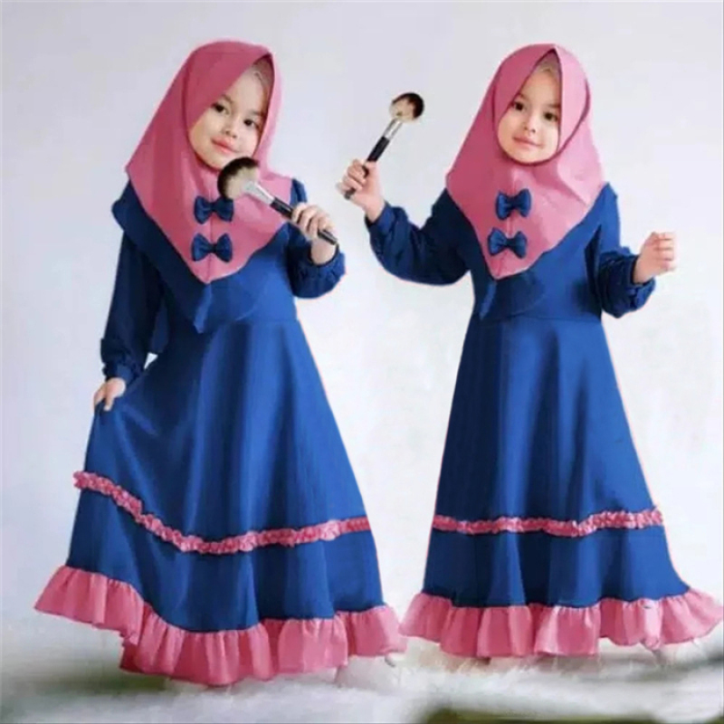 High Quality Islamic Clothing Muslim Girls Eid Dress Abaya Kids Conservative Long Skirt Bow Scarf Solid Color Ruffles Two Pieces