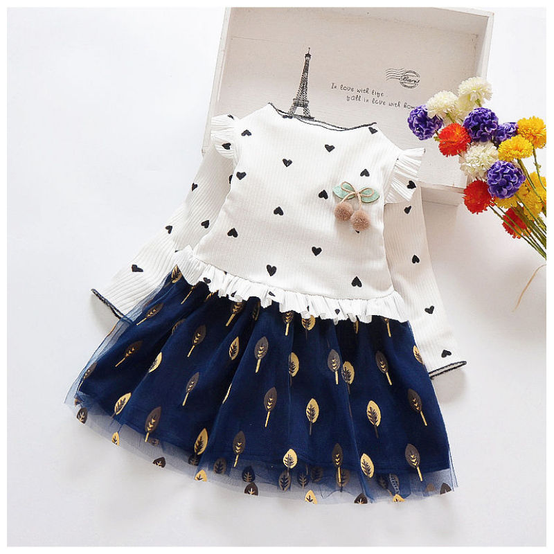 Conyson Baby Kids Children Fashion Long Sleeve Little Girl Heart Pattern Skirt Floral Printing Fluppy Princess Stitching Dress