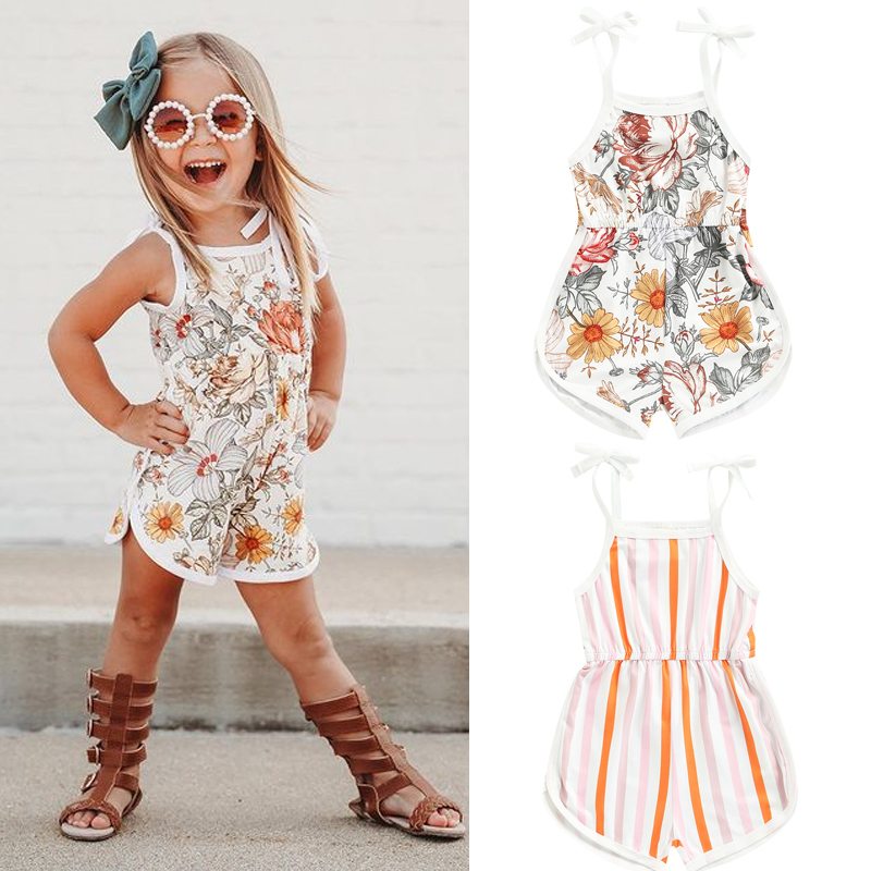 Conyson Wholesale Baby Girls Romper Flower Stripe Printed Sleeveless Tie-Up Shoulder Strap Sling Halter Jumpsuits Clothing Kids