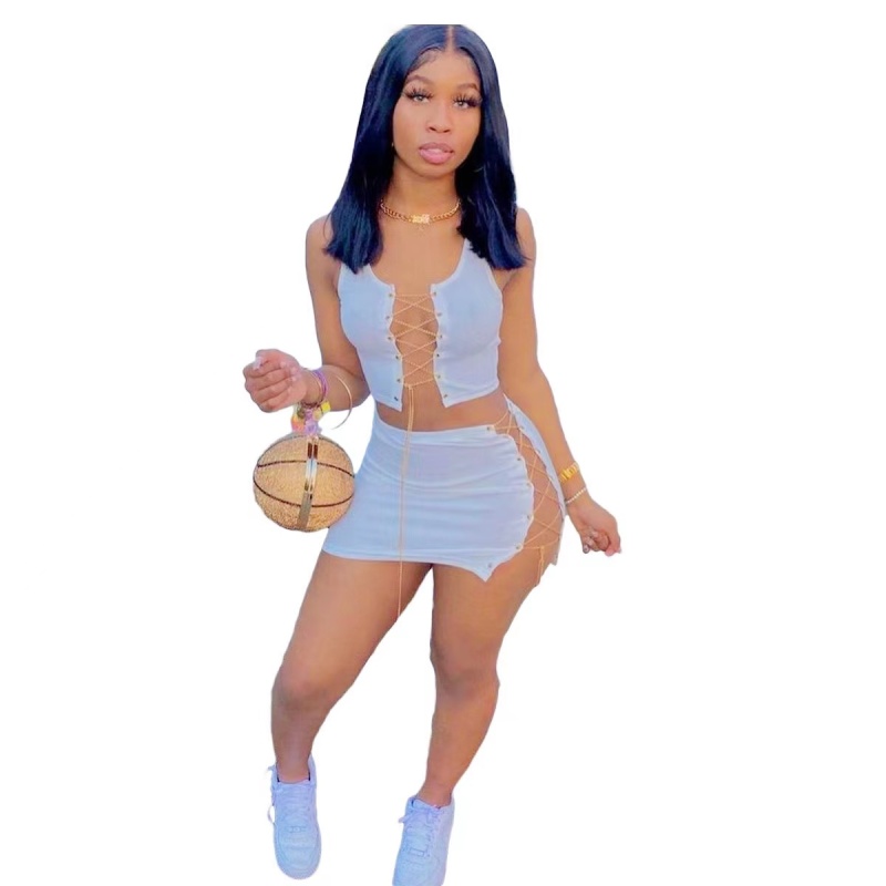 Women Vest Miniskirt Two Piece Summer Suit Solid Color Metal Chain Party Club Dress Casual Fashion Sets