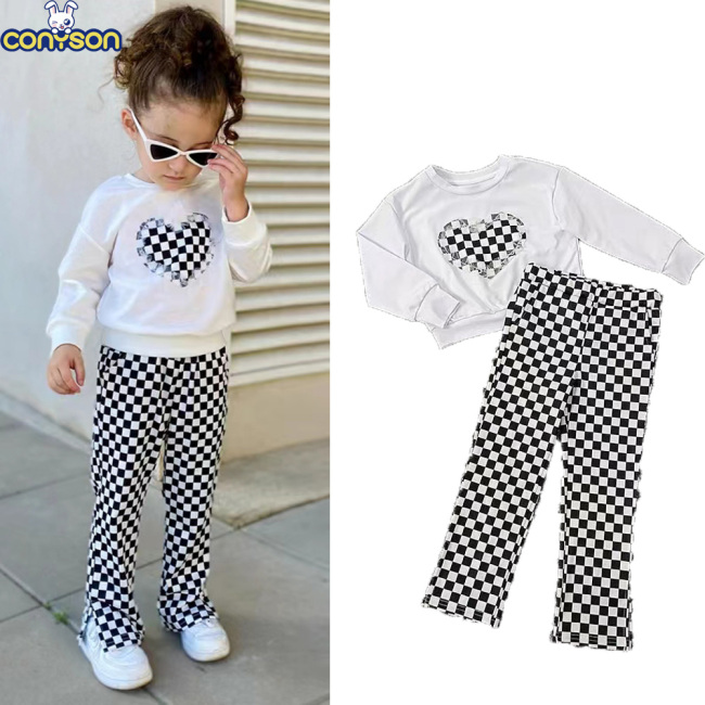 Conyson Stock Lots Spring Autumn Comfortable Casual Style Lattice Design Polyester Two Piece Girls Kids Clothing Sets