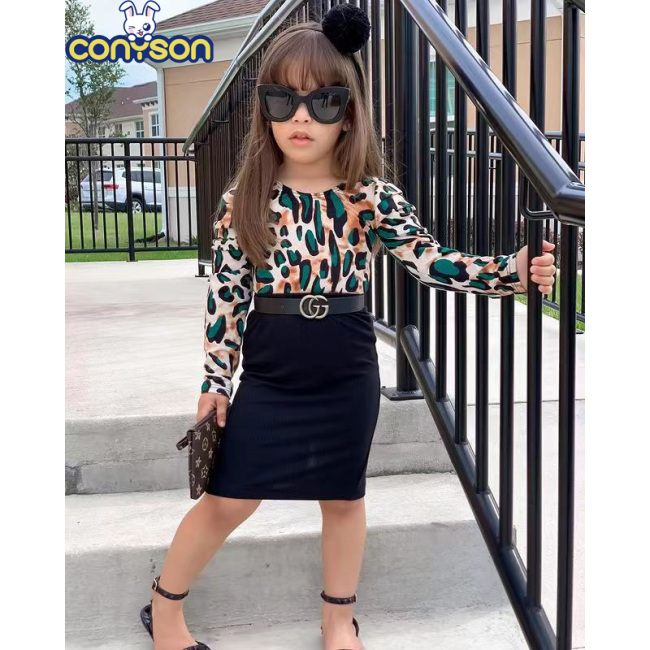 Conyson Latest Design Western Style Fashionable Leopard Printing Design Long Sleeve Kids Designer Girls Two Piece Skirt Sets