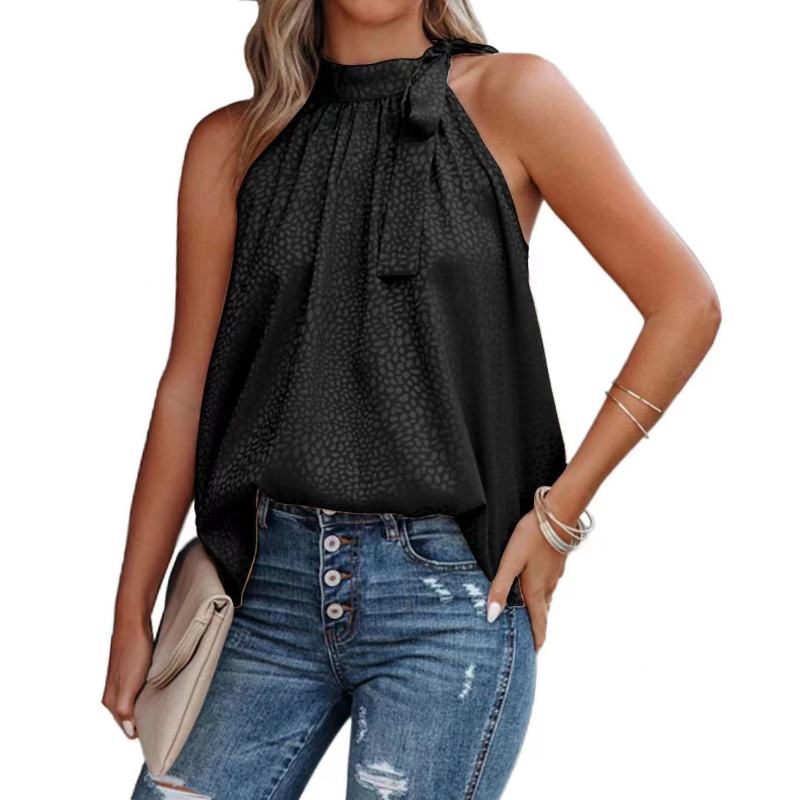Conyson New Design Europeon Style Summer Halter Bowknot Leopard Print Sleeveless 10 Colors Loose Plain Satin waistcoat woman