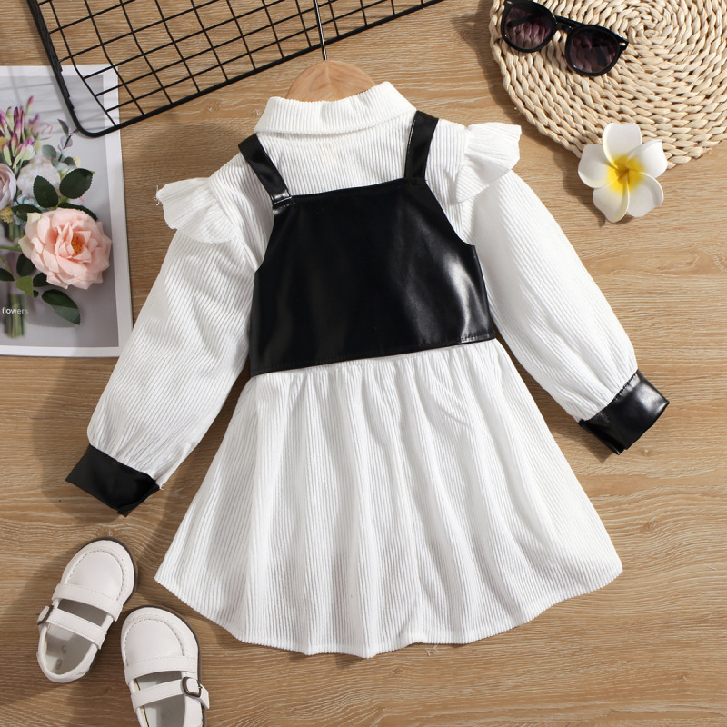 Conyson Wholesale Fashion Children Clothes Suits PU Leather Vest Long Ruffle Long Sleeve Knit Flower Dresses Baby Girls Outfits