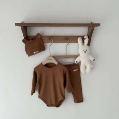 Conyson Wholesale Infant Girls Clothes Sets Cotton Solid Clothing With Bear Hat Pants Newborn Unisex Baby Romper Suit