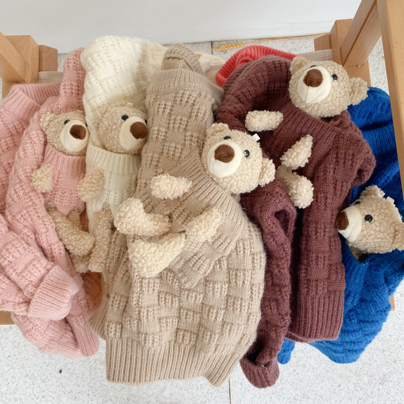 Spring Cute Bear Pocket Toddler Girls Pullover Sweater Solid Color Custom Kids Knit Sweaters Kids Wholesale Sweater