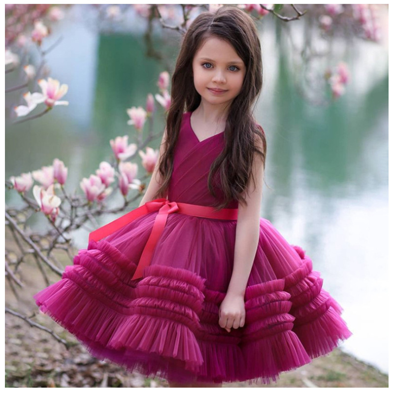 Conyson Wholesale Kids Clothes Summer Mesh Lace Sleeveless Flower Layered Princess Fashion Vintage Ceremony Clothing Tutu Dress