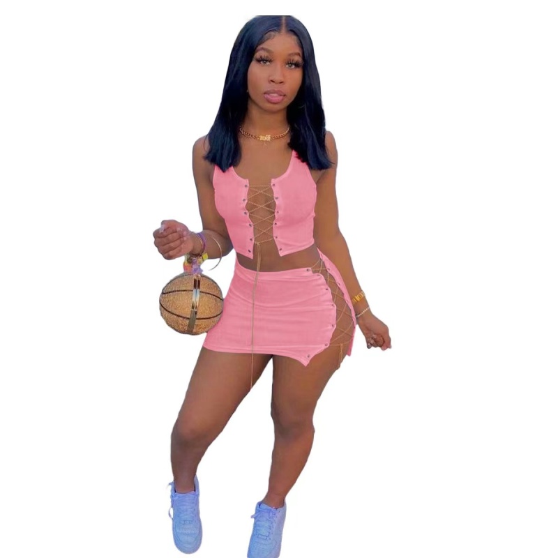 Women Vest Miniskirt Two Piece Summer Suit Solid Color Metal Chain Party Club Dress Casual Fashion Sets