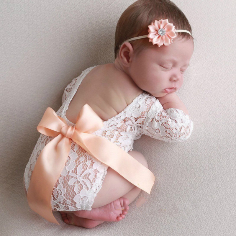 2pcs/Set Newborn Lace Romper Baby Girl Outfit Photography Prop Vintage Newborn Ribbon Bow baby rompers
