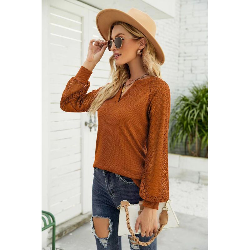 Conyson New Arrivals Spring Winter Waffle Lace Splicing Raglan Sleeve V Neck Quality Designer White Plain T-shirt Women