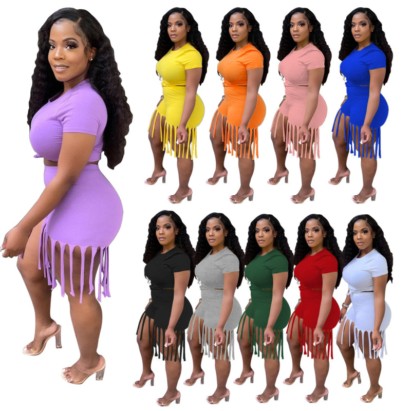 popular fashion summer logo Customized S-5XL women two pieces sport t-shirt tassels shorts suit clothing adult short clothes set