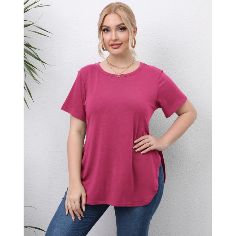 Conyson New Style High Quality Summer Casual Style 220Gsm Polyester Knitted Short Sleeve Tops Split Plain T Shirt Oversize Women