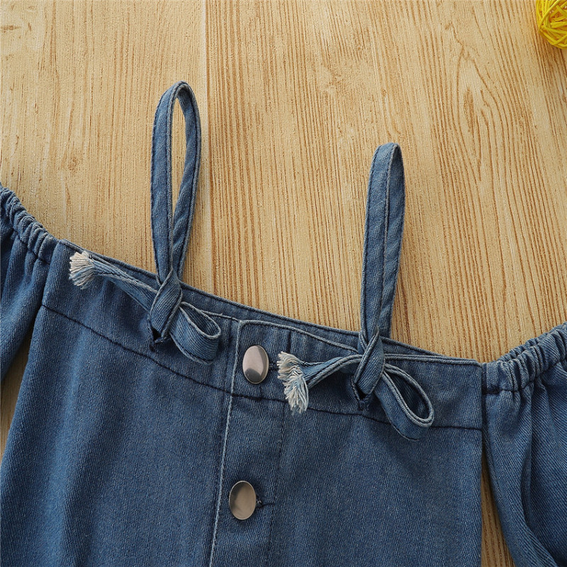 Conyson Summer Fashion Sleeveless Dresses Littler Girls Clothes Outfits Denim Shoulder Strap Bubble Sleeves Skirt 2pcs Girl Sets