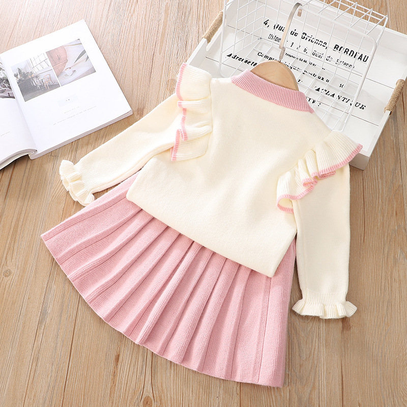 Latest Winter Baby Girl Clothing Knitted Bow Sweater Pleated Half Skirts Two Pieces Suits Casual Lovely Sweet Dress Sets