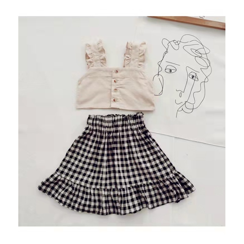Conyson New Designer Hot Sale Suspenders Solid Top Plaid Skirt Kids casual Summer 2Pcs Short Set Little Girls