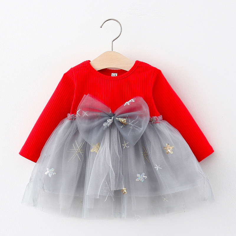 Long Sleeve Star Bow Dress Children Mesh Patchwork Baby Girl Princess Dress With Bowknot Solid Fashion Style Casual Dress