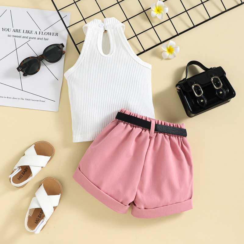 Conyson Wholesale Hot Summer Fashion Baby Girls Clothes Sets Solid Sleeveless Halter Knit Vest+Shorts With Belt Bags Casual Suit