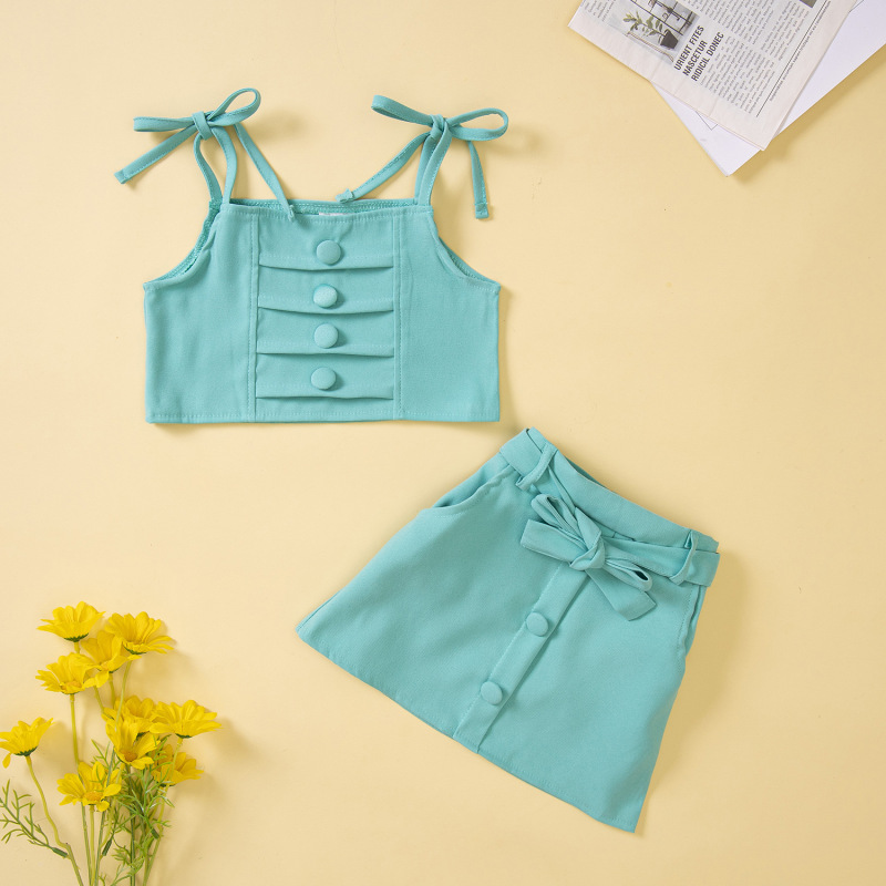 Conyson Fashion Kids Girls Clothes Sets 2pcs Plain Shoulder Straps Crop Camisole A-Line Skirts With Waist Belt Children Clothing
