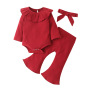 New Fashion Flared Pants Three-piece Baby clothes Girls Jumpsuit Casual Wear Solid Color Top Baby Headband Baby Romper Set