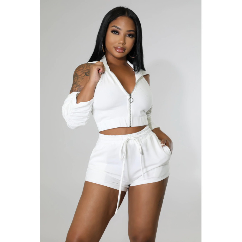 2023 Plus Size Wholesale Summer Sexy Cozy Jogger Outfit Women Zipper 2 Pieces Jacket Suit Women's Solid Color Zipper Fold  Set