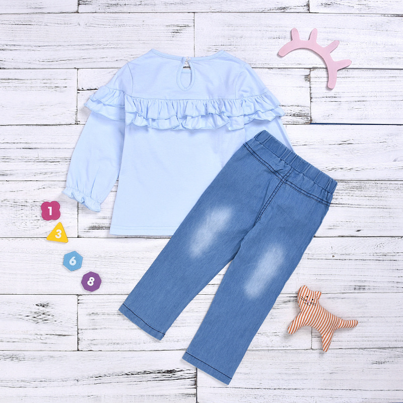 New Fashion Casual Ruffle Top Without Hood Jeans Suit Girl Clothes Childrens Summer Sets