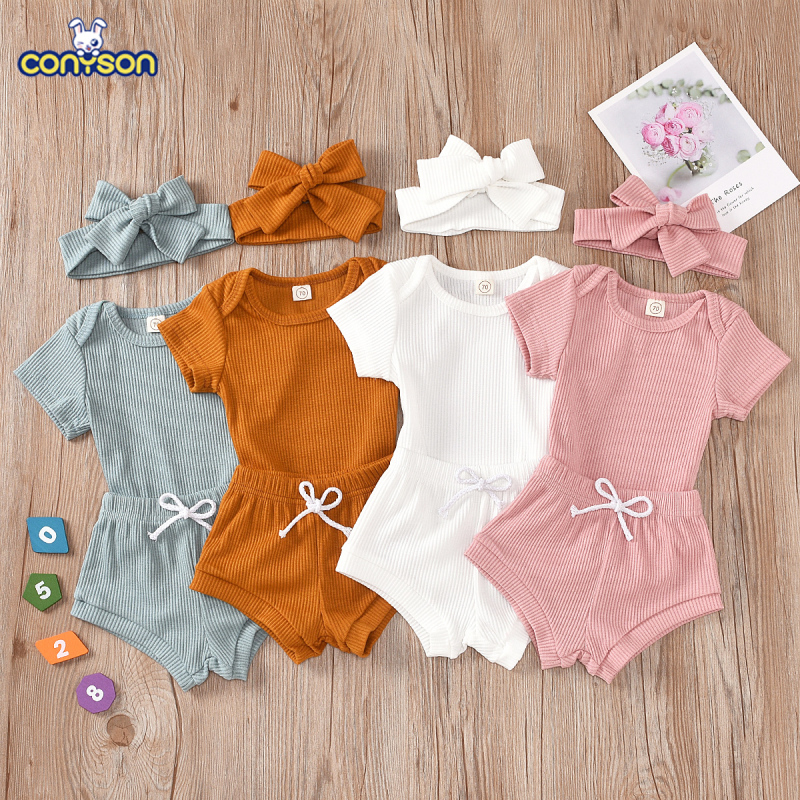 Conyson Hot Sale New Designer Baby Girls Clothes Outfits Cotton Summer Kids Short Sleeve T-Shirts+Shorts+Headband Clothing Set